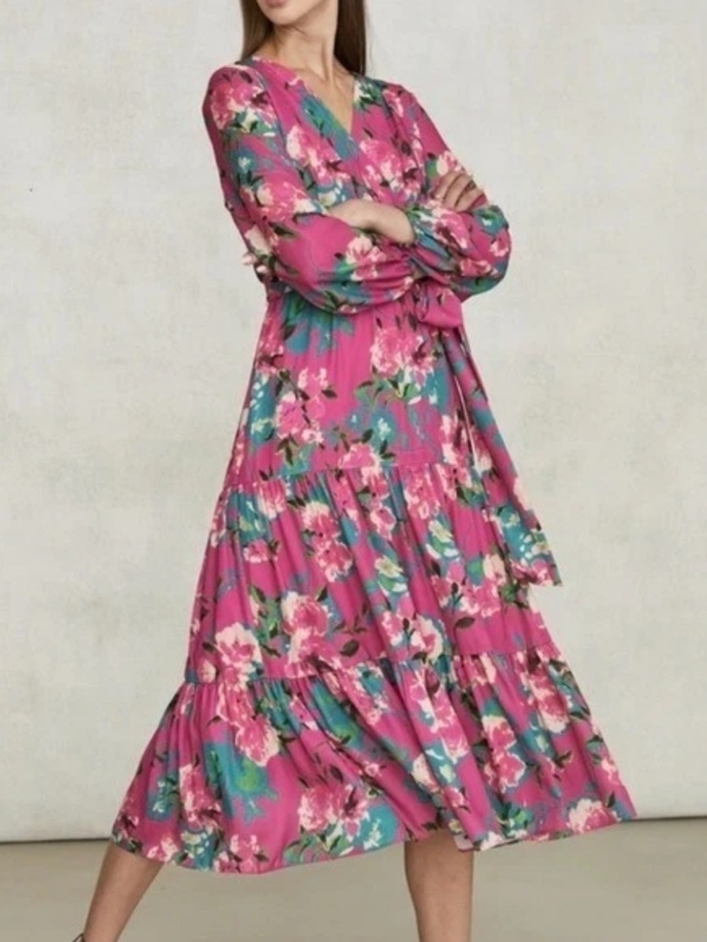 Tahari ASL Women’s Pink Green Floral Tiered Maxi Dress Size 8 NWT